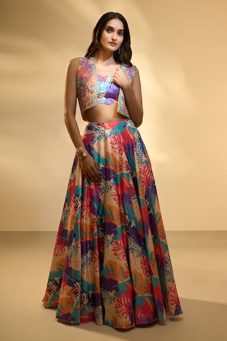 Aariyana Couture Printed Lehenga Set With Mirror Embroidered Jacket 