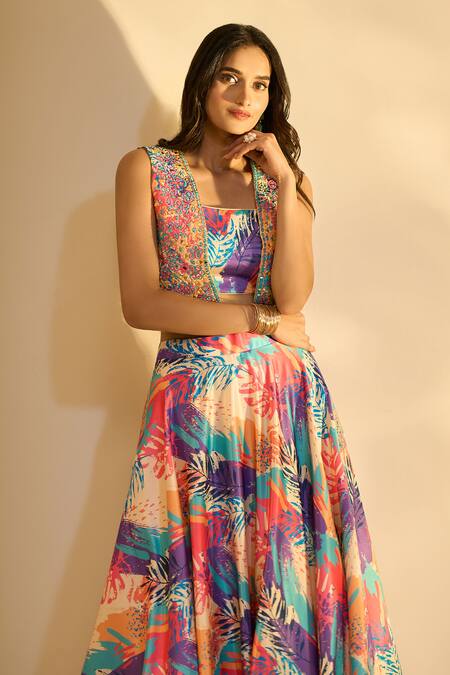 Aariyana Couture Multi Color Silk Mirrors, Embroidery Square Printed Lehenga Set With Jacket Online at Aza Fashions Aariyana Couture_Multi Color Silk Mirrors, Embroidery Square Printed Lehenga Set With Jacket _Online_at_Aza_Fashions