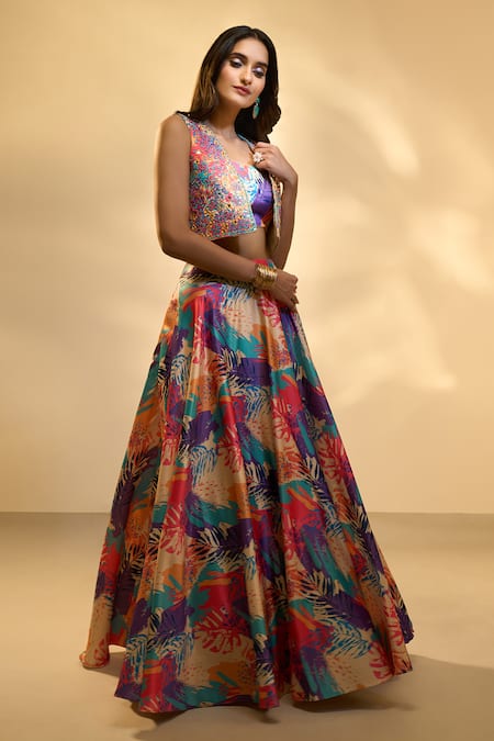 Buy Aariyana Couture Multi Color Silk Mirrors, Embroidery Square Printed Lehenga Set With Jacket Online at Aza Fashions Buy_Aariyana Couture_Multi Color Silk Mirrors, Embroidery Square Printed Lehenga Set With Jacket _Online_at_Aza_Fashions