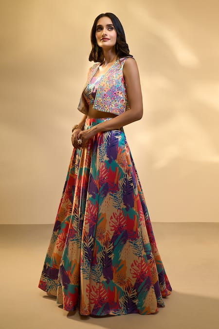 Shop Aariyana Couture Multi Color Silk Mirrors, Embroidery Square Printed Lehenga Set With Jacket Online at Aza Fashions Shop_Aariyana Couture_Multi Color Silk Mirrors, Embroidery Square Printed Lehenga Set With Jacket _Online_at_Aza_Fashions
