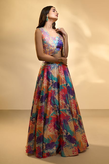 Aariyana Couture Multi Color Silk Mirrors, Embroidery Square Printed Lehenga Set With Jacket at Aza Fashions Aariyana Couture_Multi Color Silk Mirrors, Embroidery Square Printed Lehenga Set With Jacket _at_Aza_Fashions