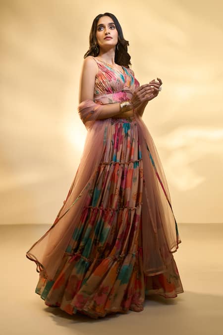 Shop_Ariyana By Aza_Multi Color Tissue, Net Sequins V-neck Floral Print Tiered Lehenga Set _at_Aza_Fashions