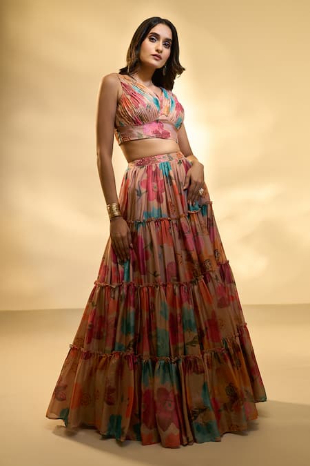 Ariyana By Aza_Multi Color Tissue, Net Sequins V-neck Floral Print Tiered Lehenga Set _Online_at_Aza_Fashions