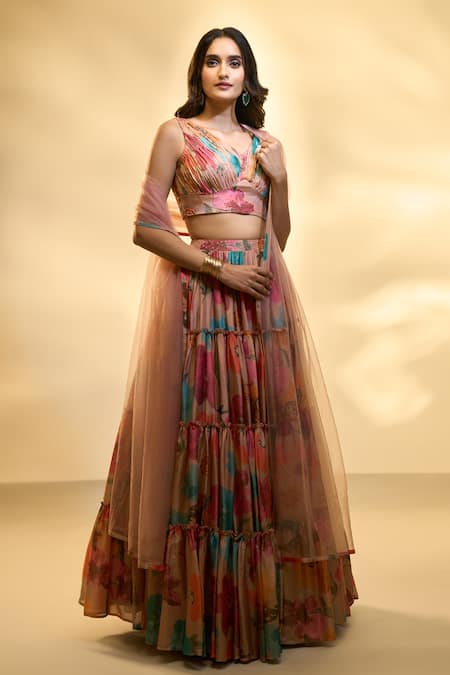 Shop_Ariyana By Aza_Multi Color Tissue, Net Sequins V-neck Floral Print Tiered Lehenga Set _Online_at_Aza_Fashions