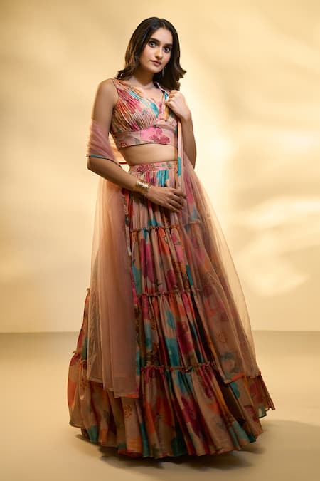 Ariyana By Aza_Multi Color Tissue, Net Sequins V-neck Floral Print Tiered Lehenga Set _at_Aza_Fashions