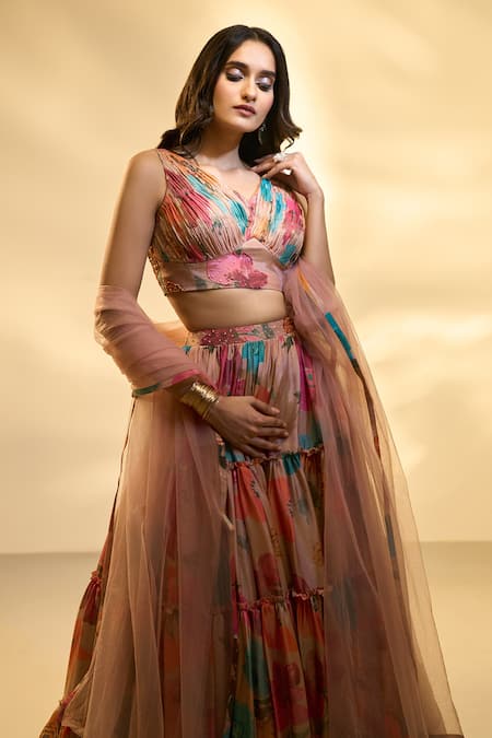 Buy_Ariyana By Aza_Multi Color Tissue, Net Sequins V-neck Floral Print Tiered Lehenga Set 
