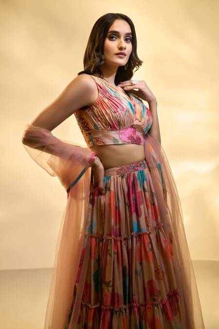 Shop_Ariyana By Aza_Multi Color Tissue, Net Sequins V-neck Floral Print Tiered Lehenga Set 