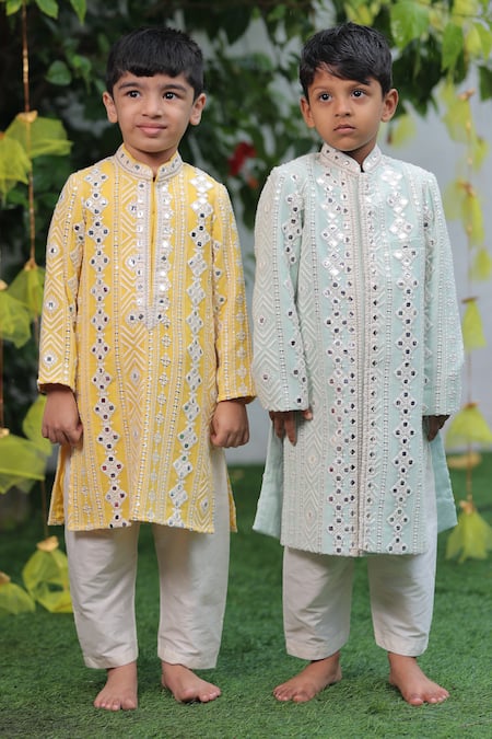 Shruti Jalan_Yellow Georgette, Cotton, Silk Mirrors Embroidered Kurta And Pant Set _Online_at_Aza_Fashions