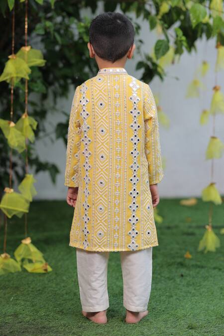 Shop_Shruti Jalan_Yellow Georgette, Cotton, Silk Mirrors Embroidered Kurta And Pant Set _at_Aza_Fashions