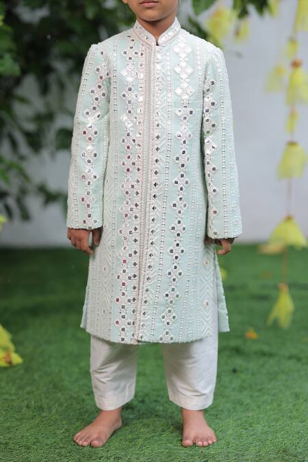 Shruti Jalan_Blue Georgette, , Satin Mirrors Embroidered Sherwani And Pant Set _Online_at_Aza_Fashions