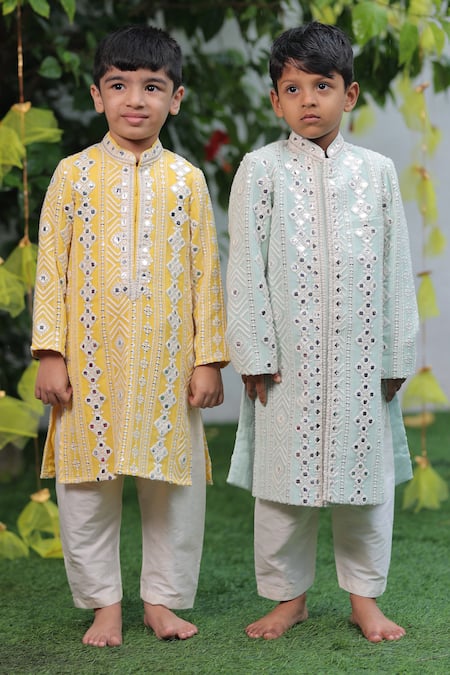 Buy_Shruti Jalan_Blue Georgette, , Satin Mirrors Embroidered Sherwani And Pant Set _Online_at_Aza_Fashions