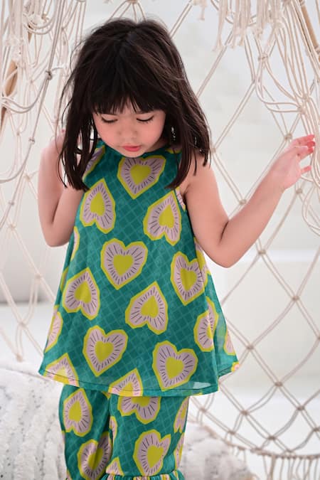 Janyas Closet_Green Satin, Organza Geometric Heart Print Kurta With Sharara_Online_at_Aza_Fashions