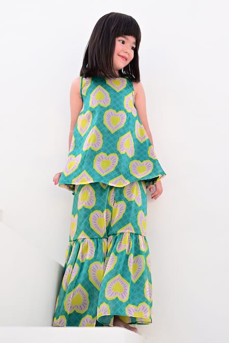 Buy_Janyas Closet_Green Satin, Organza Geometric Heart Print Kurta With Sharara_Online_at_Aza_Fashions