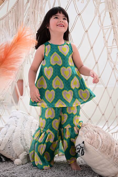 Shop_Janyas Closet_Green Satin, Organza Geometric Heart Print Kurta With Sharara_Online_at_Aza_Fashions