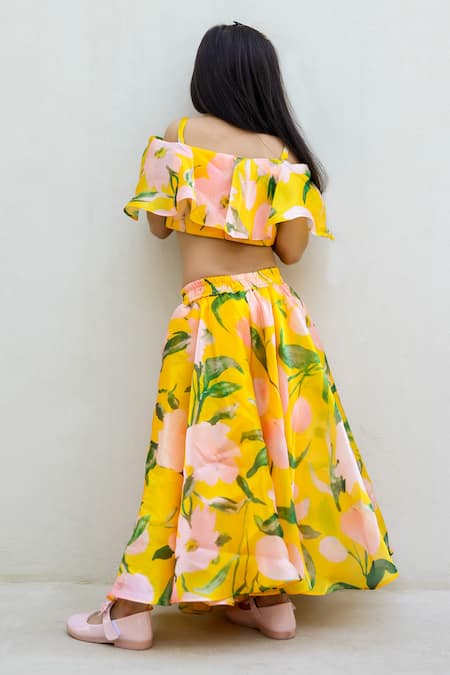 Shop Janyas Closet Yellow Satin, Cotton Floral Print Top With Palazzo at Aza Fashions Shop_Janyas Closet_Yellow Satin, Cotton Floral Print Top With Palazzo_at_Aza_Fashions