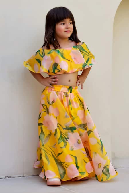 Janyas Closet Yellow Satin, Cotton Floral Print Top With Palazzo Online at Aza Fashions Janyas Closet_Yellow Satin, Cotton Floral Print Top With Palazzo_Online_at_Aza_Fashions