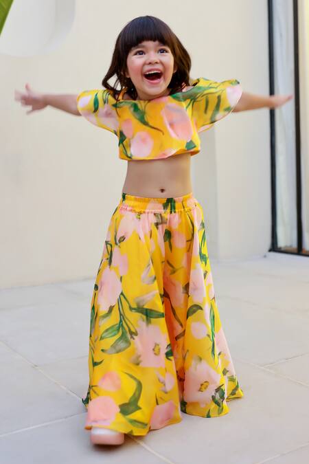 Buy Janyas Closet Yellow Satin, Cotton Floral Print Top With Palazzo Online at Aza Fashions Buy_Janyas Closet_Yellow Satin, Cotton Floral Print Top With Palazzo_Online_at_Aza_Fashions