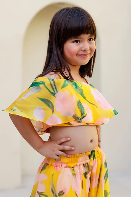 Shop Janyas Closet Yellow Satin, Cotton Floral Print Top With Palazzo Online at Aza Fashions Shop_Janyas Closet_Yellow Satin, Cotton Floral Print Top With Palazzo_Online_at_Aza_Fashions