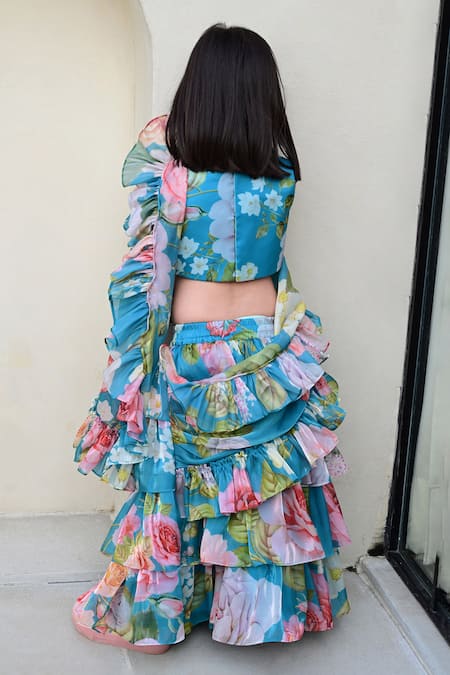 Shop Janyas Closet Blue Satin Organza Floral Pre-draped Saree With Top at Aza Fashions Shop_Janyas Closet_Blue Satin Organza Floral Pre-draped Saree With Top_at_Aza_Fashions