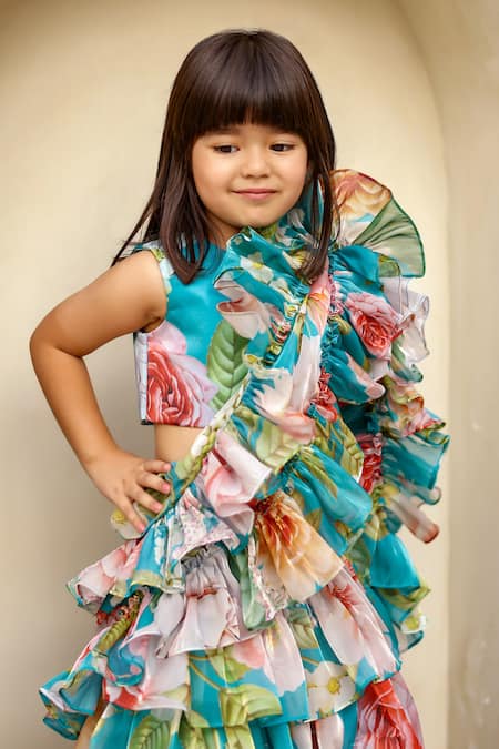 Buy Janyas Closet Blue Satin Organza Floral Pre-draped Saree With Top Online at Aza Fashions Buy_Janyas Closet_Blue Satin Organza Floral Pre-draped Saree With Top_Online_at_Aza_Fashions