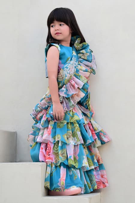 Shop Janyas Closet Blue Satin Organza Floral Pre-draped Saree With Top Online at Aza Fashions Shop_Janyas Closet_Blue Satin Organza Floral Pre-draped Saree With Top_Online_at_Aza_Fashions