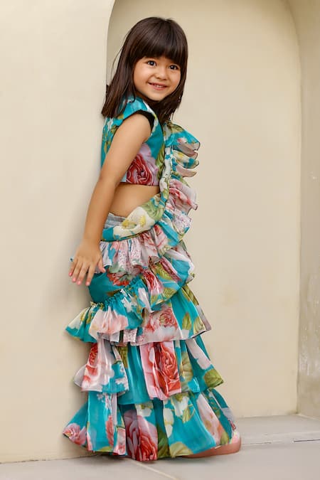 Janyas Closet Blue Satin Organza Floral Pre-draped Saree With Top at Aza Fashions Janyas Closet_Blue Satin Organza Floral Pre-draped Saree With Top_at_Aza_Fashions