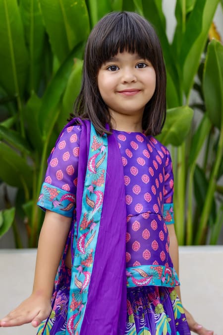 Buy_Janyas Closet_Purple Satin Organza Floral Kali Lehenga Set_Online_at_Aza_Fashions