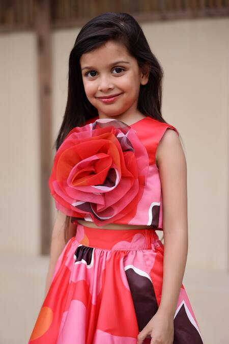 Buy_Janyas Closet_Red Organza, Linen, Satin Fabric Flowers Abstract Floral Print Top With Skirt_Online_at_Aza_Fashions