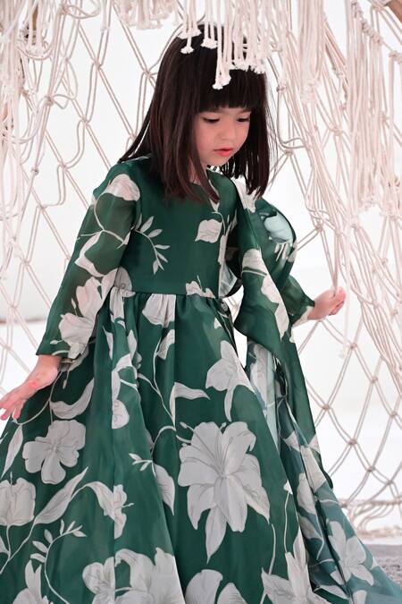 Buy_Janyas Closet_Green Silk Satin, Organza Embroidery Flora Print Anarkali With Dupatta_Online_at_Aza_Fashions