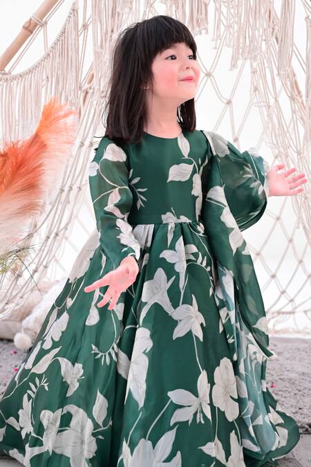 Shop_Janyas Closet_Green Silk Satin, Organza Embroidery Flora Print Anarkali With Dupatta_Online_at_Aza_Fashions