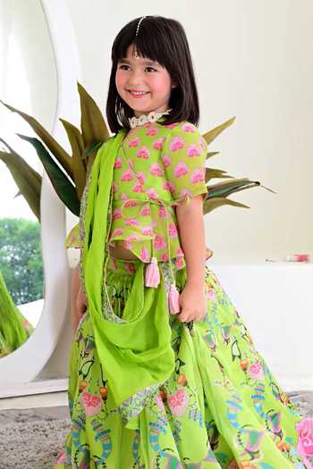 Buy_Janyas Closet_Green Organza Satin Silk Printed Floral Traditional Lehenga Set_Online_at_Aza_Fashions