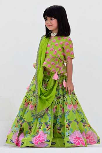 Shop_Janyas Closet_Green Organza Satin Silk Printed Floral Traditional Lehenga Set_Online_at_Aza_Fashions