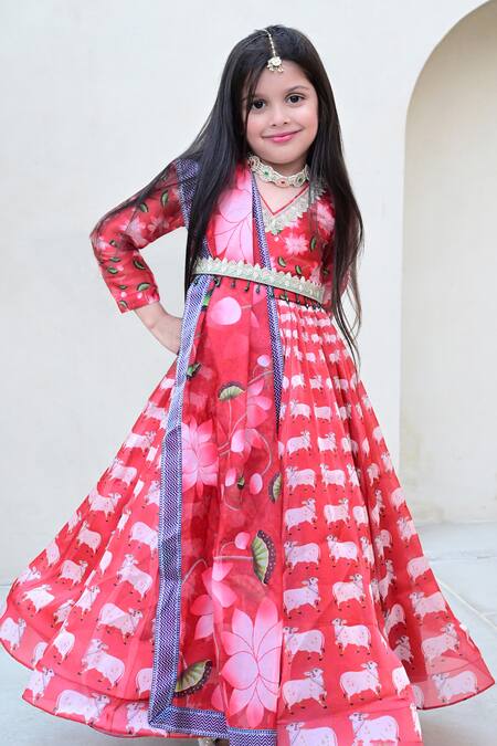 Janyas Closet_Red Organza Satin Silk Printed Floral Cow And Lotus Anarkali With Dupatta_Online_at_Aza_Fashions