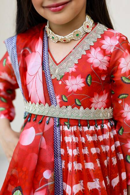 Buy_Janyas Closet_Red Organza Satin Silk Printed Floral Cow And Lotus Anarkali With Dupatta_Online_at_Aza_Fashions
