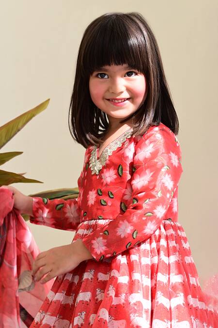 Shop_Janyas Closet_Red Organza Satin Silk Printed Floral Cow And Lotus Anarkali With Dupatta_Online_at_Aza_Fashions