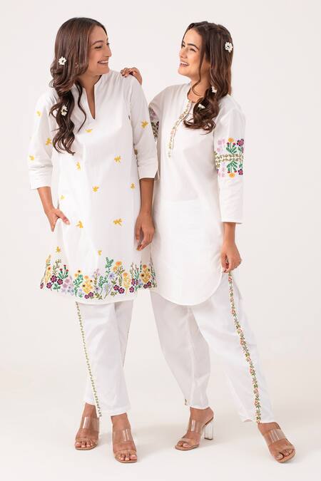 Ekavira White Poplin Embroidery Floral Round Neck Reva Kurta With Pant Online at Aza Fashions Ekavira_White Poplin Embroidery Floral Round Neck Reva Kurta With Pant_Online_at_Aza_Fashions