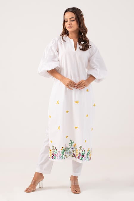 Ekavira_White Poplin Embroidery Split V-neck Maya Kurta With Pant _Online_at_Aza_Fashions