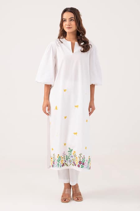 Buy_Ekavira_White Poplin Embroidery Split V-neck Maya Kurta With Pant _Online_at_Aza_Fashions