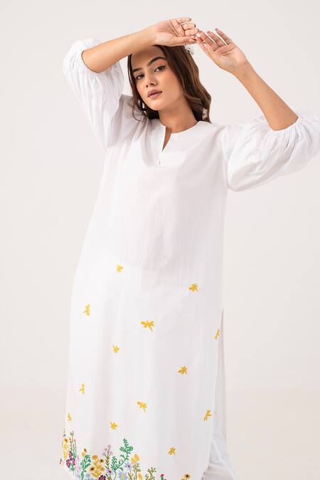 Shop_Ekavira_White Poplin Embroidery Split V-neck Maya Kurta With Pant _Online_at_Aza_Fashions