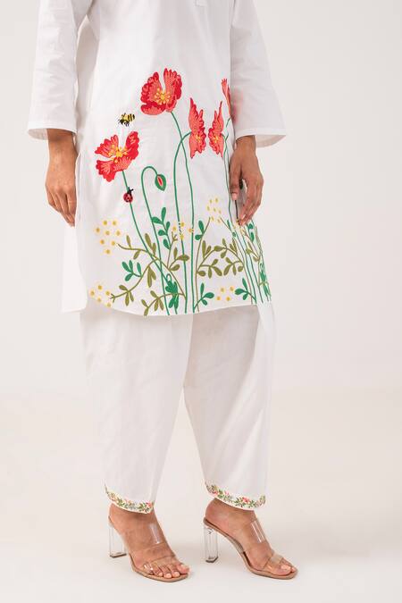 Shop_Ekavira_White Poplin Embroidery Round Neck Anasuya Floral Kurta With Pant _Online_at_Aza_Fashions