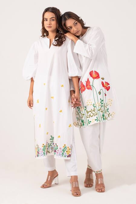 Ekavira_White Poplin Embroidery Round Neck Anasuya Floral Kurta With Pant _at_Aza_Fashions
