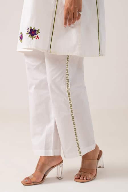 Shop_Ekavira_White Poplin Embroidery Floral Round Neck Amba Floret Tunic With Pant_Online_at_Aza_Fashions