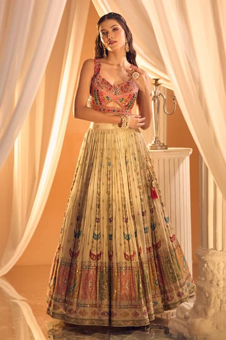 Shop_Aariyana Couture_Cream Silk, Chiffon Mirrors, Embroidery, Zari Applique Hand Work Lehenga Set _at_Aza_Fashions