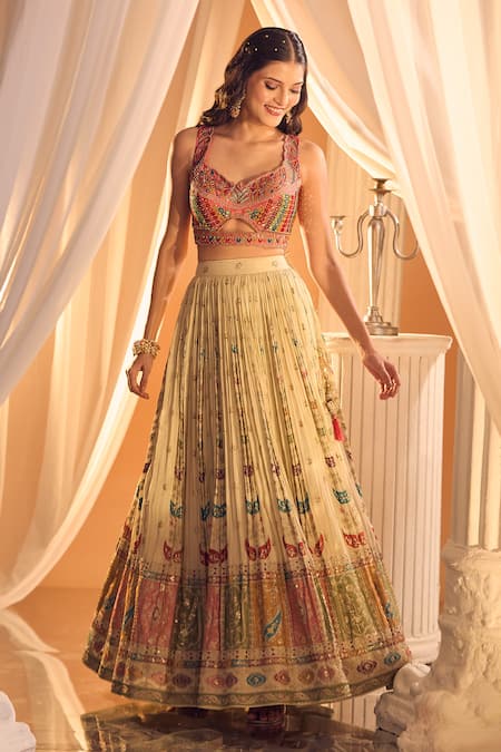 Buy_Aariyana Couture_Cream Silk, Chiffon Mirrors, Embroidery, Zari Applique Hand Work Lehenga Set _Online_at_Aza_Fashions