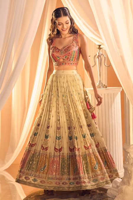 Shop_Aariyana Couture_Cream Silk, Chiffon Mirrors, Embroidery, Zari Applique Hand Work Lehenga Set _Online_at_Aza_Fashions