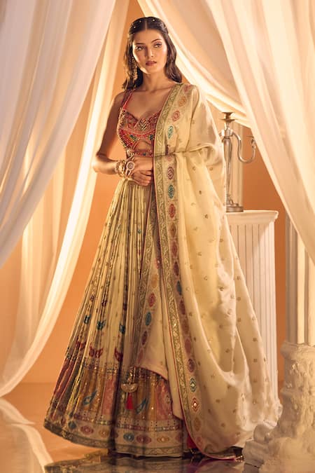 Shop_Aariyana Couture_Cream Silk, Chiffon Mirrors, Embroidery, Zari Applique Hand Work Lehenga Set 