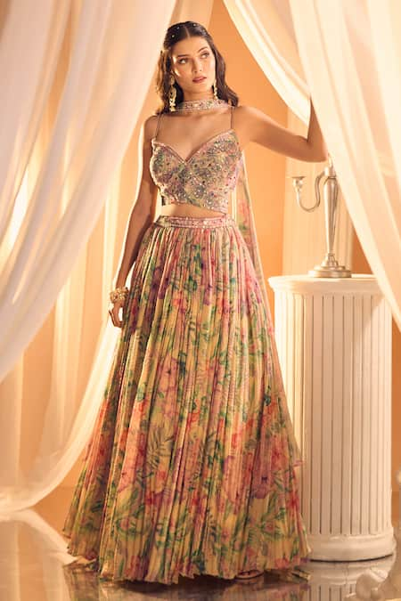 Alaya Advani Floral Print Pleated Tissue Lehenga Set 