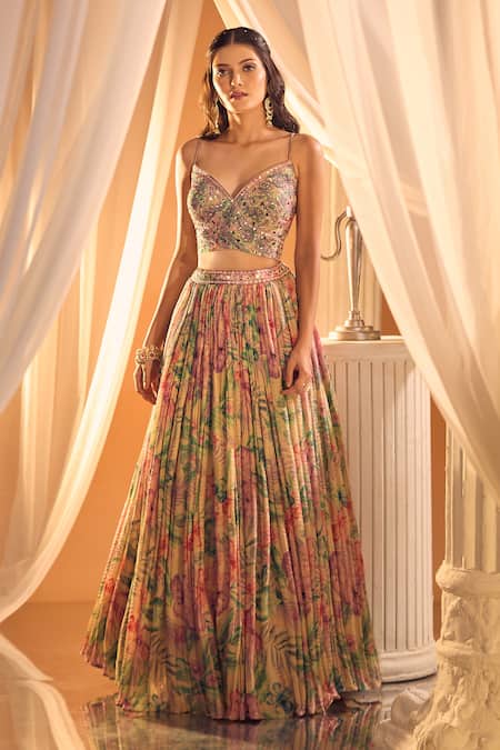 Buy_Aariyana Couture_Multi Color Tissue, Net Embroidery, Mirrors Floral Print Pleated Lehenga Set _Online_at_Aza_Fashions