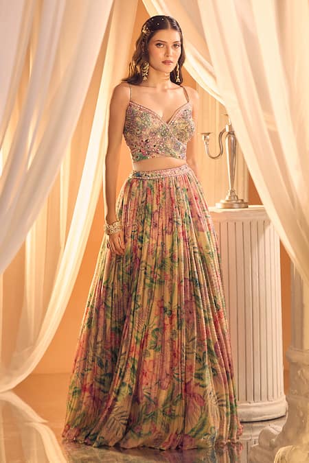 Aariyana Couture_Multi Color Tissue, Net Embroidery, Mirrors Floral Print Pleated Lehenga Set _at_Aza_Fashions