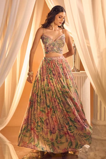Buy_Aariyana Couture_Multi Color Tissue, Net Embroidery, Mirrors Floral Print Pleated Lehenga Set 